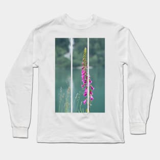 Wonderful landscapes in Norway. Blooming colorful lupine flowers in Norway in the wild grass. Blur background. Summer cloudy day(vertical) Long Sleeve T-Shirt